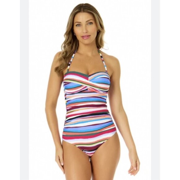 Anne Cole Women's Size 8 Striped Twist-Front Bandeau One-Piece Swimsuit New - Picture 1 of 8